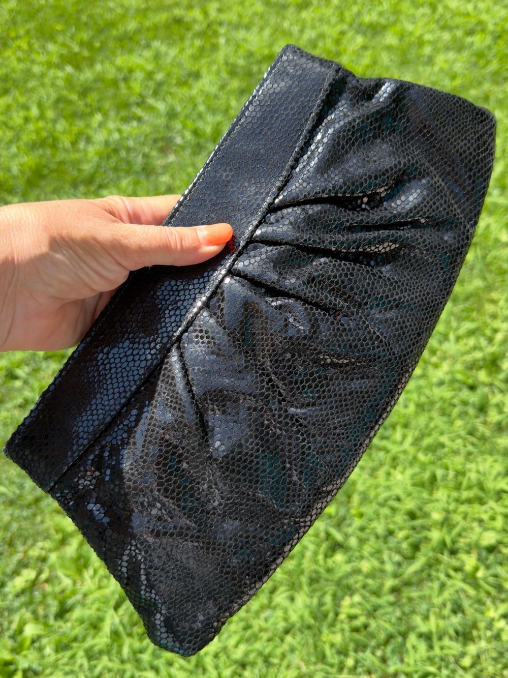 Lauren Merkin Louise Black Leather Snake Effect Ruched Clutch NWOT